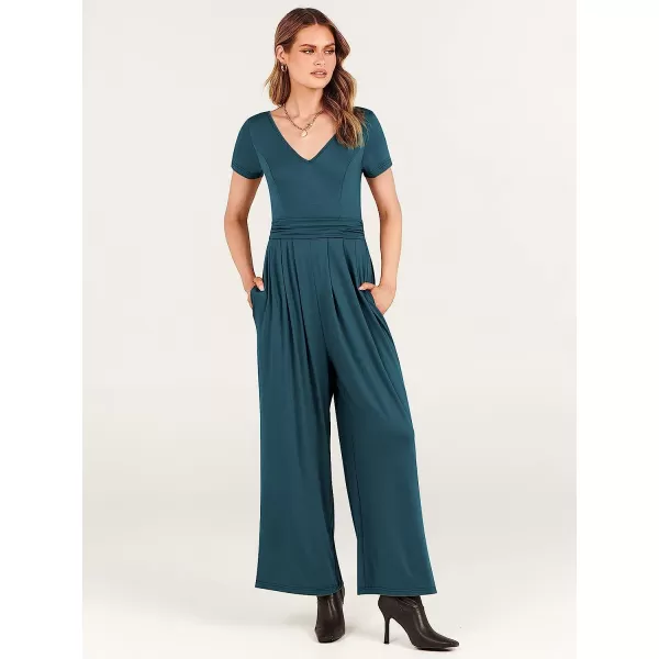 imageANRABESS Womens Summer Jumpsuit Casual Short Sleeve V Neck Pleated High Waist Wide Leg Jumpsuit Romper with Pockets05teal Blue