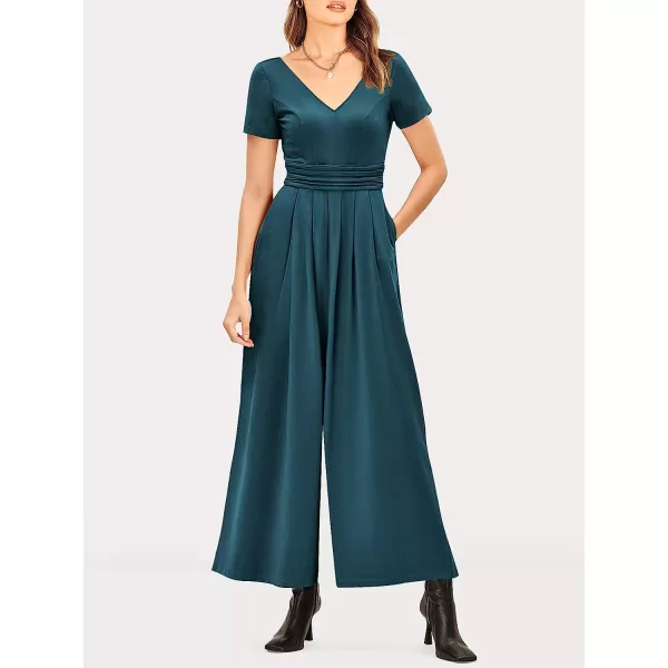 imageANRABESS Womens Summer Jumpsuit Casual Short Sleeve V Neck Pleated High Waist Wide Leg Jumpsuit Romper with Pockets05teal Blue