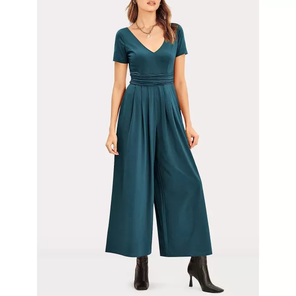 imageANRABESS Womens Summer Jumpsuit Casual Short Sleeve V Neck Pleated High Waist Wide Leg Jumpsuit Romper with Pockets05teal Blue