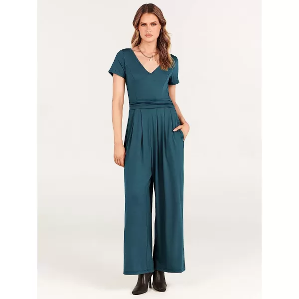 imageANRABESS Womens Summer Jumpsuit Casual Short Sleeve V Neck Pleated High Waist Wide Leg Jumpsuit Romper with Pockets05teal Blue