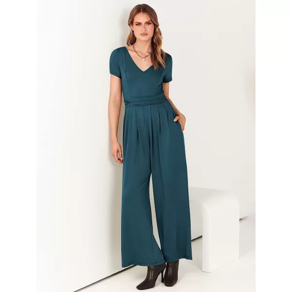 imageANRABESS Womens Summer Jumpsuit Casual Short Sleeve V Neck Pleated High Waist Wide Leg Jumpsuit Romper with Pockets05teal Blue