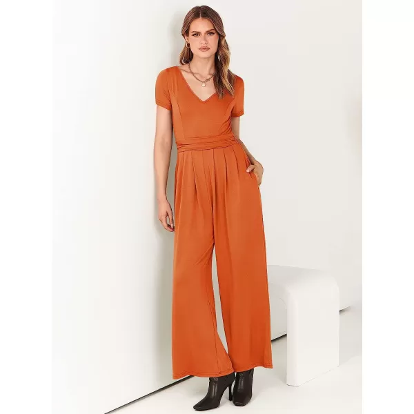 imageANRABESS Womens Summer Jumpsuit Casual Short Sleeve V Neck Pleated High Waist Wide Leg Jumpsuit Romper with Pockets06orange