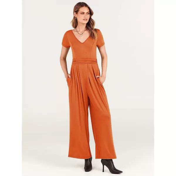 imageANRABESS Womens Summer Jumpsuit Casual Short Sleeve V Neck Pleated High Waist Wide Leg Jumpsuit Romper with Pockets06orange