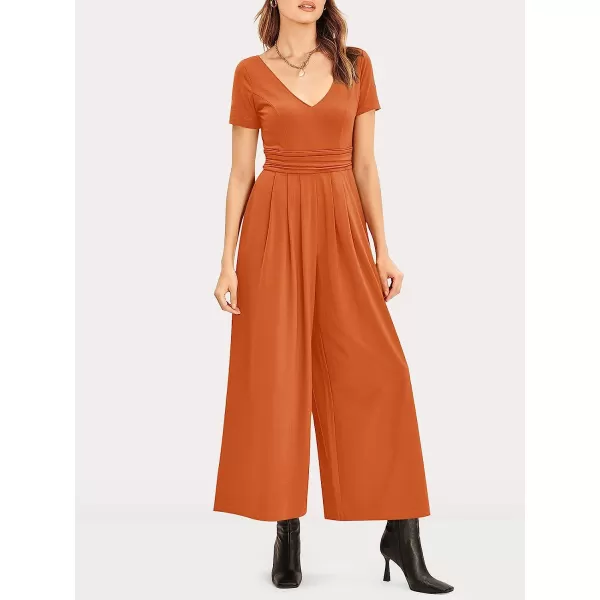 imageANRABESS Womens Summer Jumpsuit Casual Short Sleeve V Neck Pleated High Waist Wide Leg Jumpsuit Romper with Pockets06orange