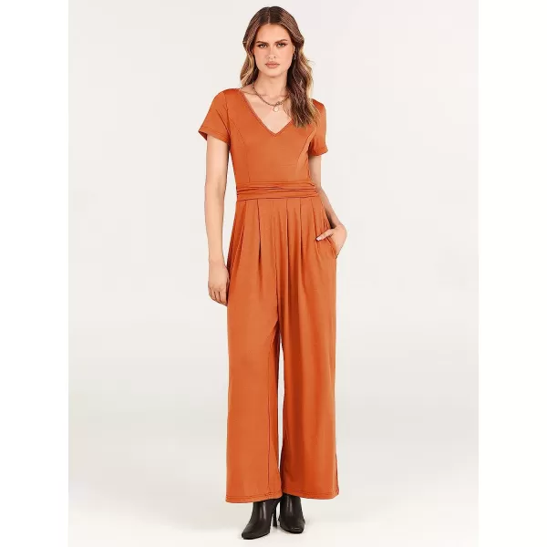 imageANRABESS Womens Summer Jumpsuit Casual Short Sleeve V Neck Pleated High Waist Wide Leg Jumpsuit Romper with Pockets06orange