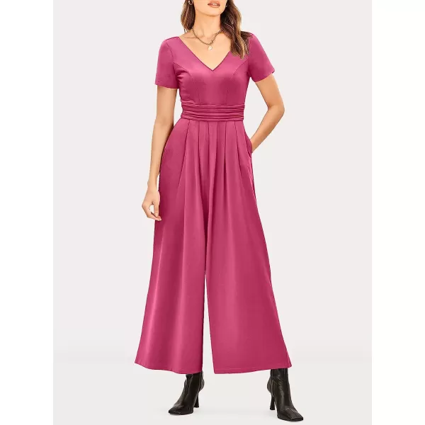 imageANRABESS Womens Summer Jumpsuit Casual Short Sleeve V Neck Pleated High Waist Wide Leg Jumpsuit Romper with Pockets07pink