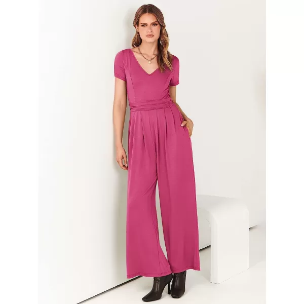 imageANRABESS Womens Summer Jumpsuit Casual Short Sleeve V Neck Pleated High Waist Wide Leg Jumpsuit Romper with Pockets07pink