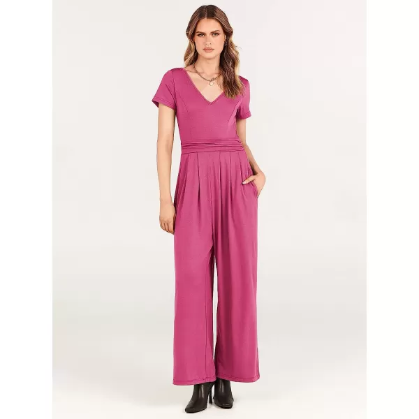imageANRABESS Womens Summer Jumpsuit Casual Short Sleeve V Neck Pleated High Waist Wide Leg Jumpsuit Romper with Pockets07pink
