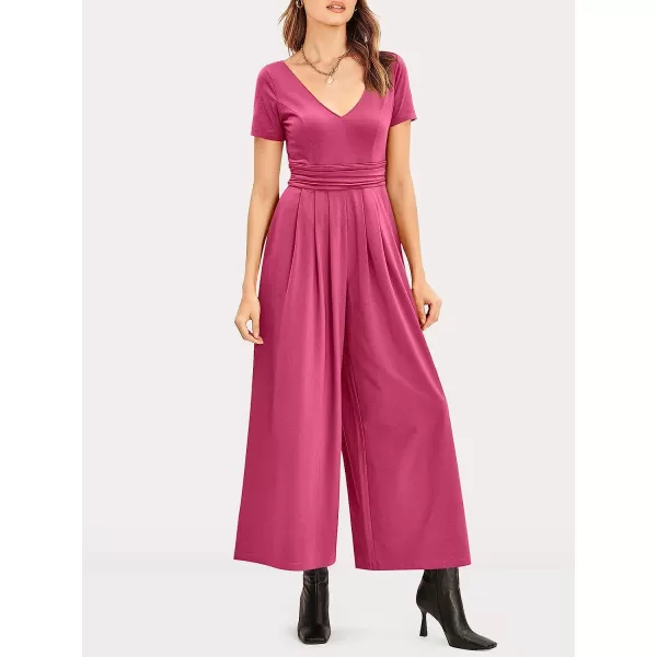 imageANRABESS Womens Summer Jumpsuit Casual Short Sleeve V Neck Pleated High Waist Wide Leg Jumpsuit Romper with Pockets07pink