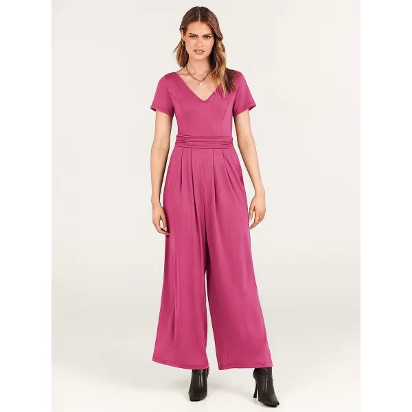 imageANRABESS Womens Summer Jumpsuit Casual Short Sleeve V Neck Pleated High Waist Wide Leg Jumpsuit Romper with Pockets07pink