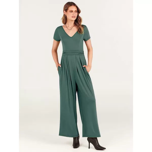 imageANRABESS Womens Summer Jumpsuit Casual Short Sleeve V Neck Pleated High Waist Wide Leg Jumpsuit Romper with Pockets08green