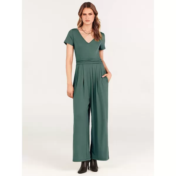 imageANRABESS Womens Summer Jumpsuit Casual Short Sleeve V Neck Pleated High Waist Wide Leg Jumpsuit Romper with Pockets08green