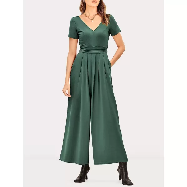 imageANRABESS Womens Summer Jumpsuit Casual Short Sleeve V Neck Pleated High Waist Wide Leg Jumpsuit Romper with Pockets08green