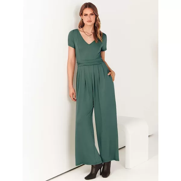 imageANRABESS Womens Summer Jumpsuit Casual Short Sleeve V Neck Pleated High Waist Wide Leg Jumpsuit Romper with Pockets08green