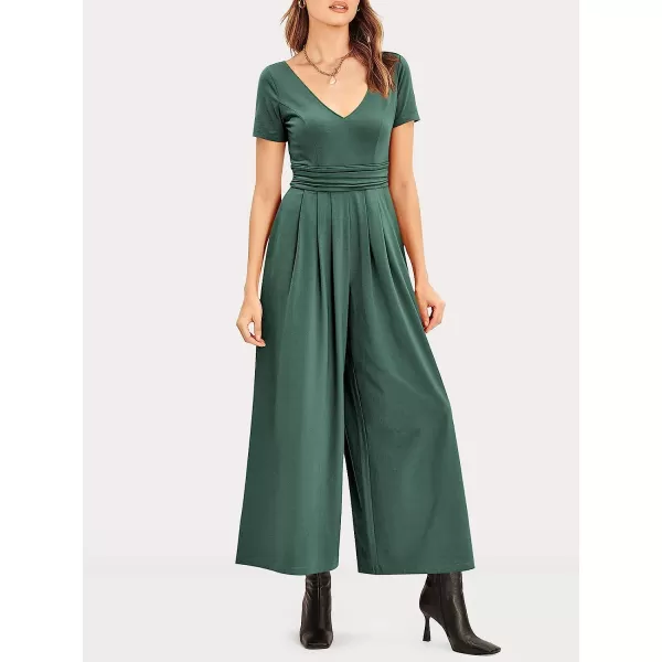 imageANRABESS Womens Summer Jumpsuit Casual Short Sleeve V Neck Pleated High Waist Wide Leg Jumpsuit Romper with Pockets08green