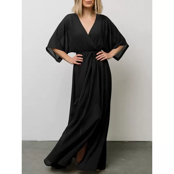 imageANRABESS Womens Summer Loose Kimono Maxi Dress Wrap V Neck 34 Sleeve Floral Print Slit Long DressesBlack