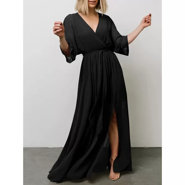 imageANRABESS Womens Summer Loose Kimono Maxi Dress Wrap V Neck 34 Sleeve Floral Print Slit Long DressesBlack