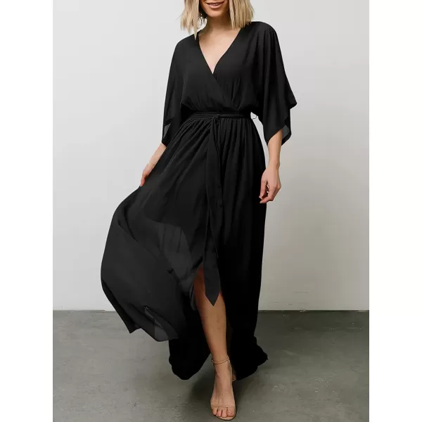 imageANRABESS Womens Summer Loose Kimono Maxi Dress Wrap V Neck 34 Sleeve Floral Print Slit Long DressesBlack