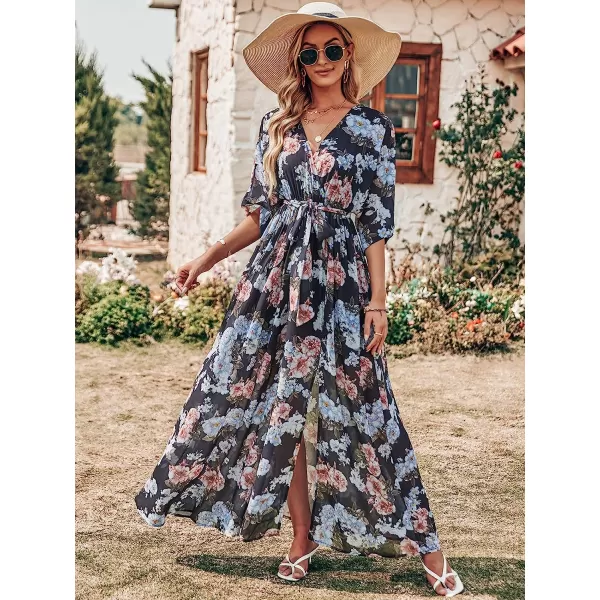 imageANRABESS Womens Summer Loose Kimono Maxi Dress Wrap V Neck 34 Sleeve Floral Print Slit Long DressesBlack Flor