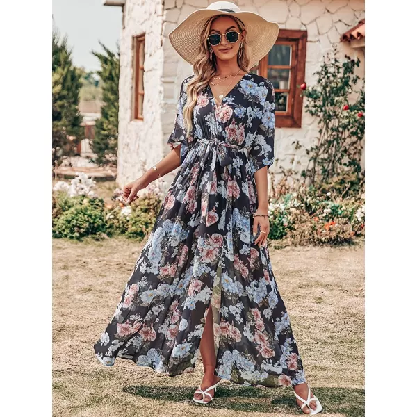 imageANRABESS Womens Summer Loose Kimono Maxi Dress Wrap V Neck 34 Sleeve Floral Print Slit Long DressesBlack Flor