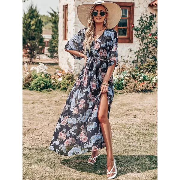imageANRABESS Womens Summer Loose Kimono Maxi Dress Wrap V Neck 34 Sleeve Floral Print Slit Long DressesBlack Flor