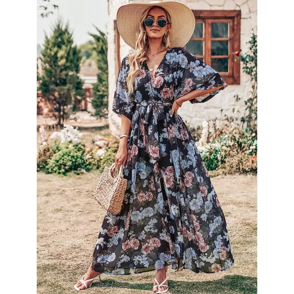 imageANRABESS Womens Summer Loose Kimono Maxi Dress Wrap V Neck 34 Sleeve Floral Print Slit Long DressesBlack Flor