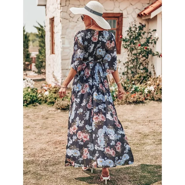 imageANRABESS Womens Summer Loose Kimono Maxi Dress Wrap V Neck 34 Sleeve Floral Print Slit Long DressesBlack Flor