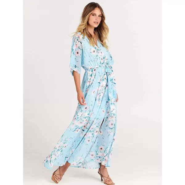 imageANRABESS Womens Summer Loose Kimono Maxi Dress Wrap V Neck 34 Sleeve Floral Print Slit Long DressesBlue Flor