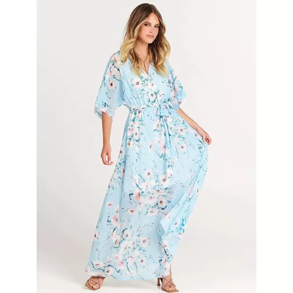imageANRABESS Womens Summer Loose Kimono Maxi Dress Wrap V Neck 34 Sleeve Floral Print Slit Long DressesBlue Flor