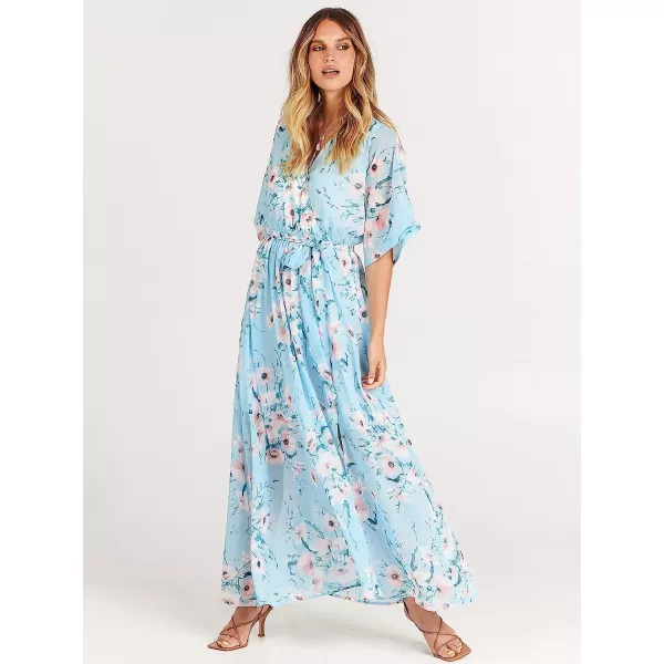 imageANRABESS Womens Summer Loose Kimono Maxi Dress Wrap V Neck 34 Sleeve Floral Print Slit Long DressesBlue Flor