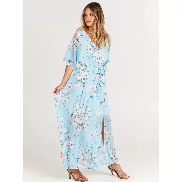 imageANRABESS Womens Summer Loose Kimono Maxi Dress Wrap V Neck 34 Sleeve Floral Print Slit Long DressesBlue Flor