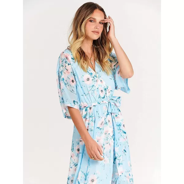 imageANRABESS Womens Summer Loose Kimono Maxi Dress Wrap V Neck 34 Sleeve Floral Print Slit Long DressesBlue Flor