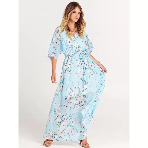 imageANRABESS Womens Summer Loose Kimono Maxi Dress Wrap V Neck 34 Sleeve Floral Print Slit Long DressesBlue Flor