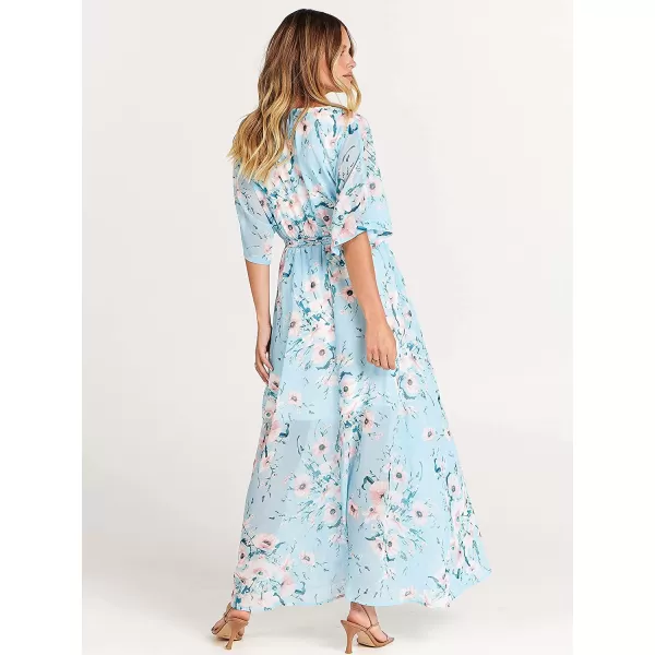imageANRABESS Womens Summer Loose Kimono Maxi Dress Wrap V Neck 34 Sleeve Floral Print Slit Long DressesBlue Flor