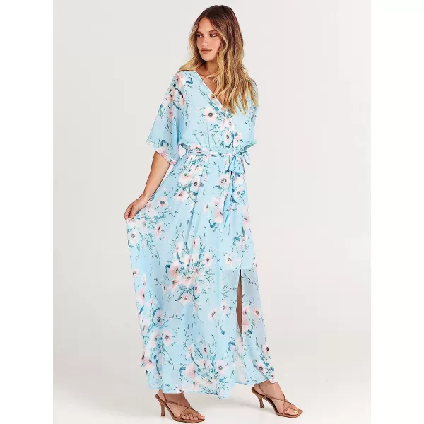 imageANRABESS Womens Summer Loose Kimono Maxi Dress Wrap V Neck 34 Sleeve Floral Print Slit Long DressesBlue Flor