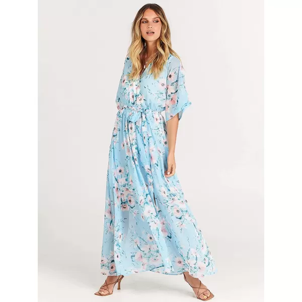 imageANRABESS Womens Summer Loose Kimono Maxi Dress Wrap V Neck 34 Sleeve Floral Print Slit Long DressesBlue Flor