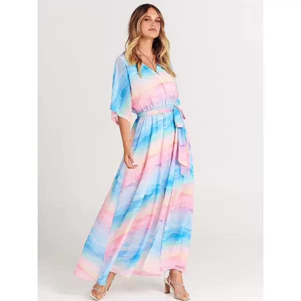 imageANRABESS Womens Summer Loose Kimono Maxi Dress Wrap V Neck 34 Sleeve Floral Print Slit Long DressesBlue Pink