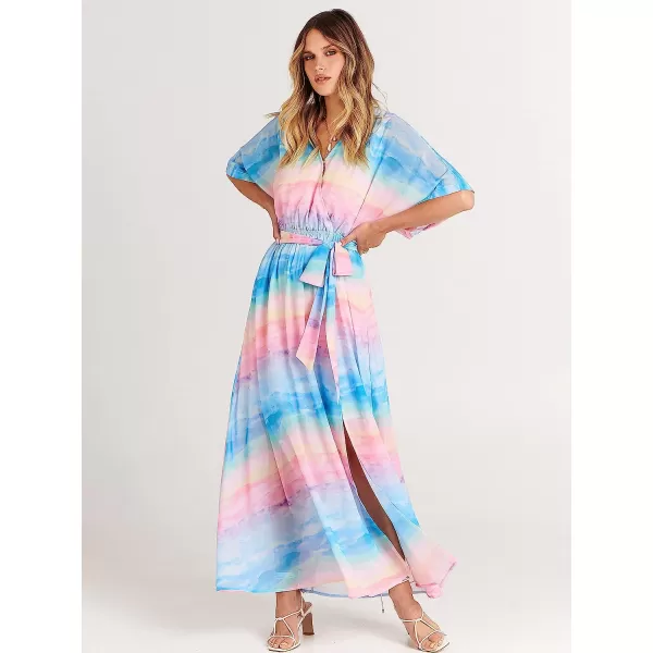 imageANRABESS Womens Summer Loose Kimono Maxi Dress Wrap V Neck 34 Sleeve Floral Print Slit Long DressesBlue Pink