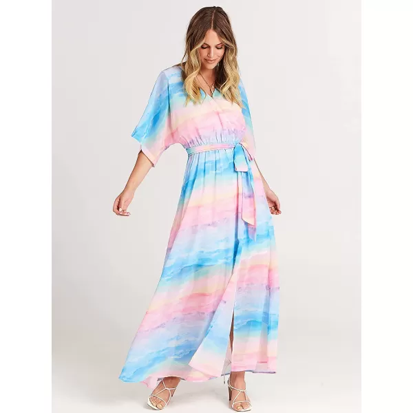 imageANRABESS Womens Summer Loose Kimono Maxi Dress Wrap V Neck 34 Sleeve Floral Print Slit Long DressesBlue Pink