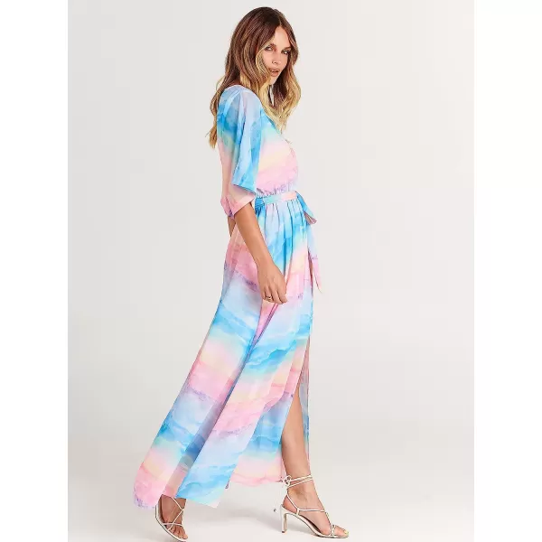 imageANRABESS Womens Summer Loose Kimono Maxi Dress Wrap V Neck 34 Sleeve Floral Print Slit Long DressesBlue Pink
