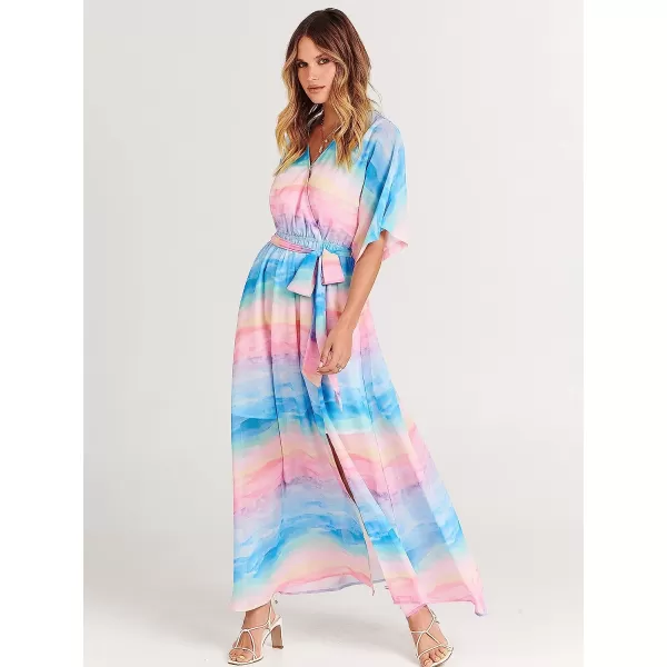 imageANRABESS Womens Summer Loose Kimono Maxi Dress Wrap V Neck 34 Sleeve Floral Print Slit Long DressesBlue Pink