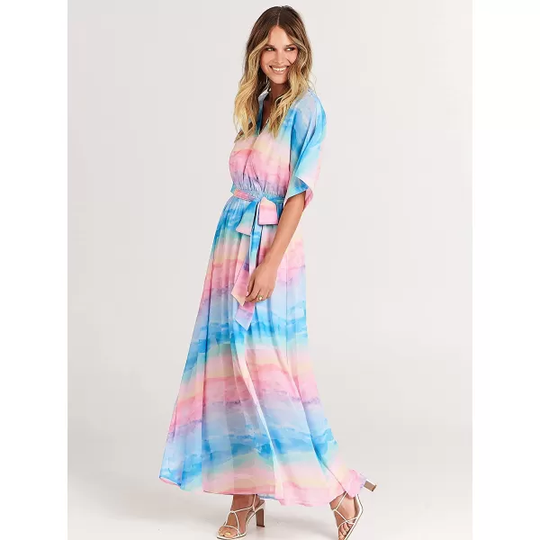imageANRABESS Womens Summer Loose Kimono Maxi Dress Wrap V Neck 34 Sleeve Floral Print Slit Long DressesBlue Pink