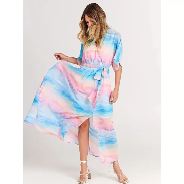 imageANRABESS Womens Summer Loose Kimono Maxi Dress Wrap V Neck 34 Sleeve Floral Print Slit Long DressesBlue Pink