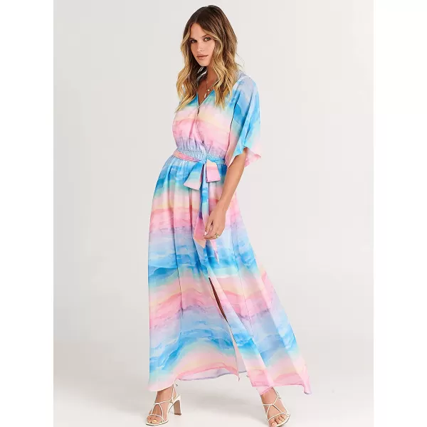 imageANRABESS Womens Summer Loose Kimono Maxi Dress Wrap V Neck 34 Sleeve Floral Print Slit Long DressesBlue Pink