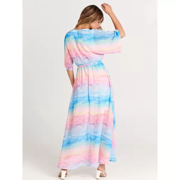 imageANRABESS Womens Summer Loose Kimono Maxi Dress Wrap V Neck 34 Sleeve Floral Print Slit Long DressesBlue Pink
