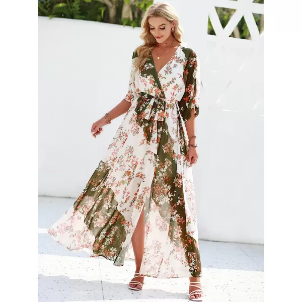 imageANRABESS Womens Summer Loose Kimono Maxi Dress Wrap V Neck 34 Sleeve Floral Print Slit Long DressesBrownbeige
