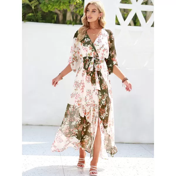 imageANRABESS Womens Summer Loose Kimono Maxi Dress Wrap V Neck 34 Sleeve Floral Print Slit Long DressesBrownbeige