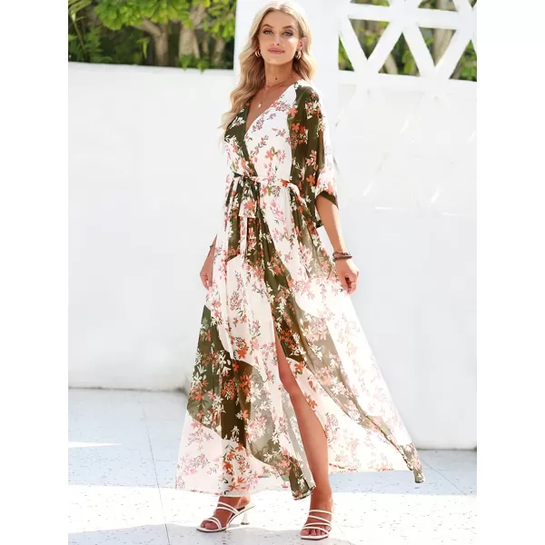 imageANRABESS Womens Summer Loose Kimono Maxi Dress Wrap V Neck 34 Sleeve Floral Print Slit Long DressesBrownbeige