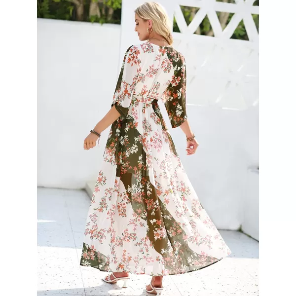 imageANRABESS Womens Summer Loose Kimono Maxi Dress Wrap V Neck 34 Sleeve Floral Print Slit Long DressesBrownbeige