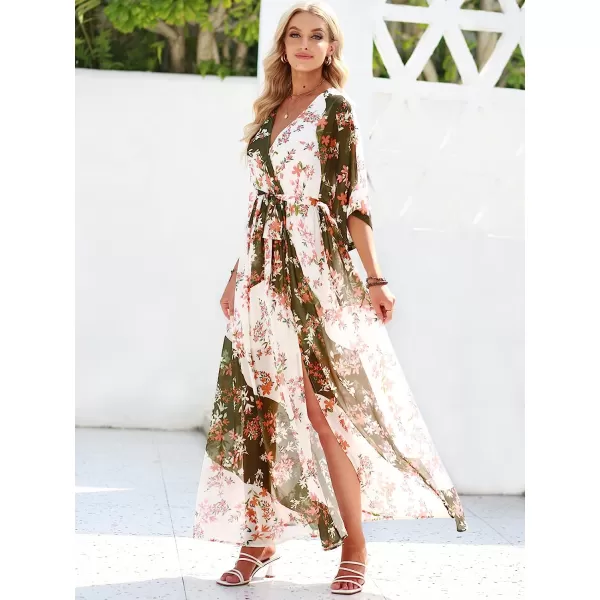 imageANRABESS Womens Summer Loose Kimono Maxi Dress Wrap V Neck 34 Sleeve Floral Print Slit Long DressesBrownbeige